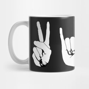 Peace, Love and Rock n' Roll sign language Mug